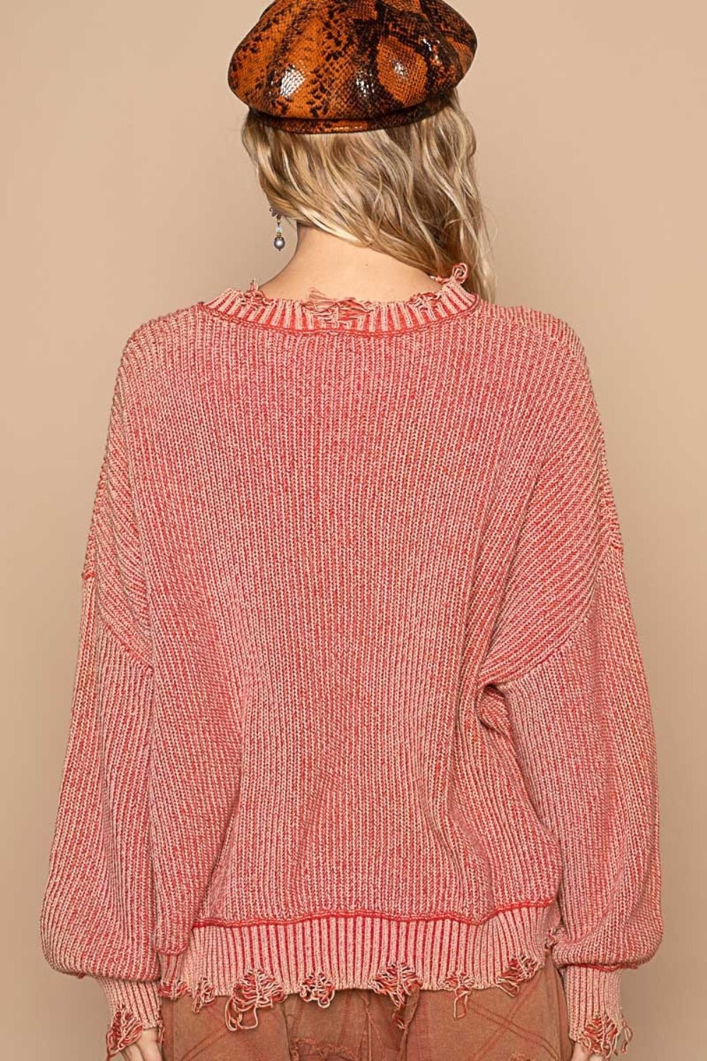 POL - Distressed Vintage Wash Drop Shoulder Sweater in Red Brick