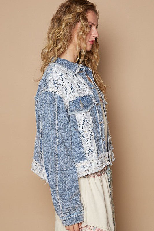 POL - Dusty Blue Crocheted Patchwork Embroidered Button Up Jacket