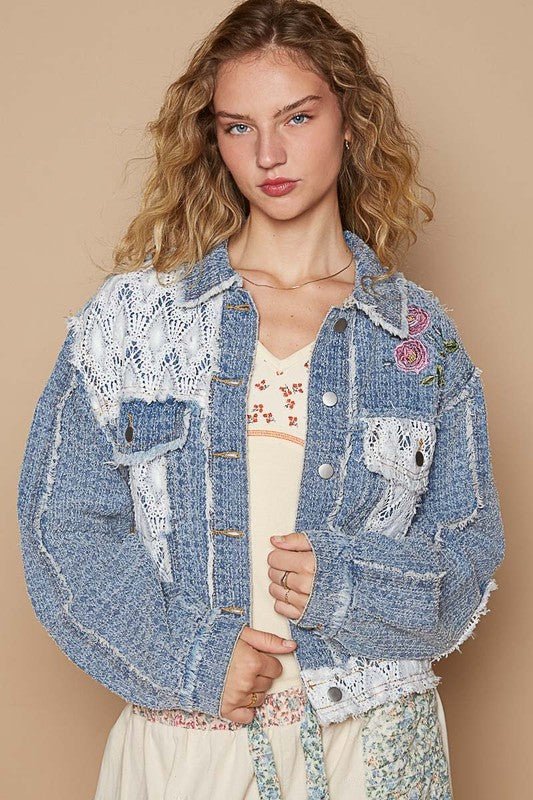 POL - Dusty Blue Crocheted Patchwork Embroidered Button Up Jacket