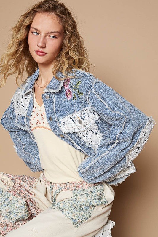 POL - Dusty Blue Crocheted Patchwork Embroidered Button Up Jacket