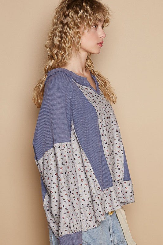 POL - Dusty Blue Floral Waffle Knit Top