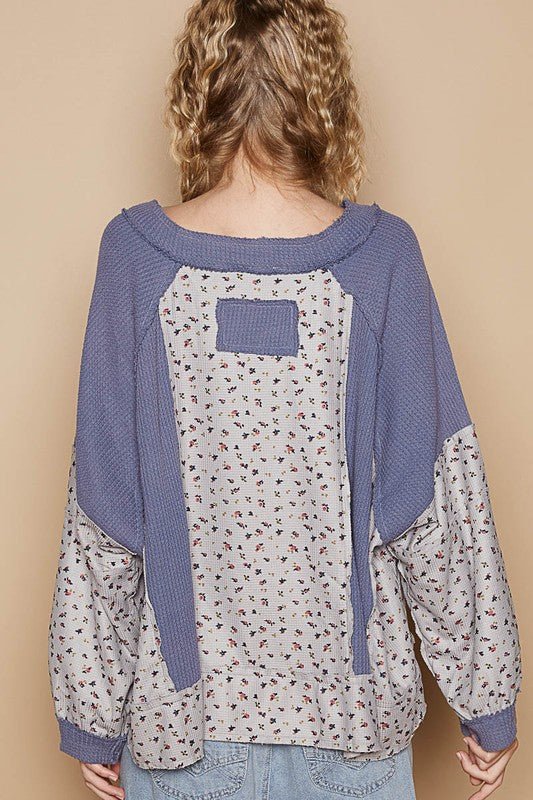 POL - Dusty Blue Floral Waffle Knit Top