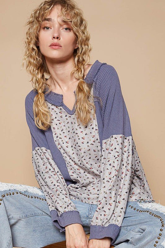 POL - Dusty Blue Floral Waffle Knit Top