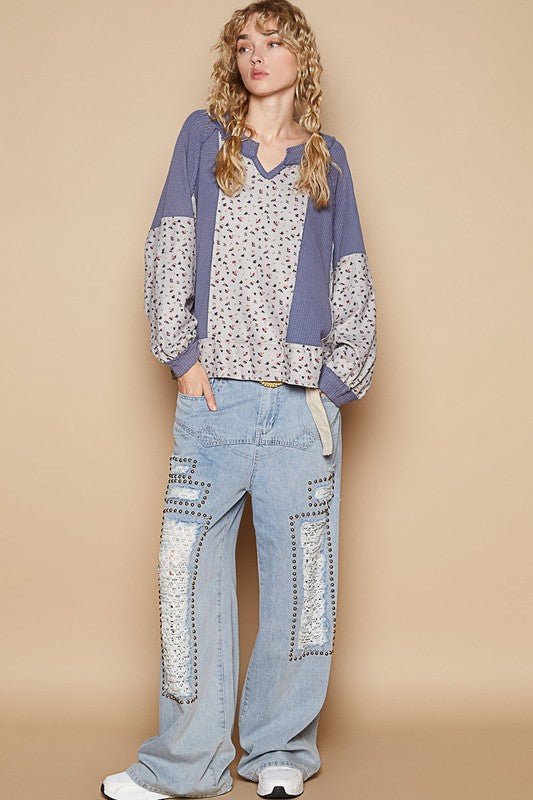 POL - Dusty Blue Floral Waffle Knit Top