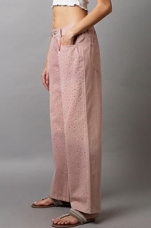 POL - Dusty Pink Rhinestone Embellished Wide Leg Pants