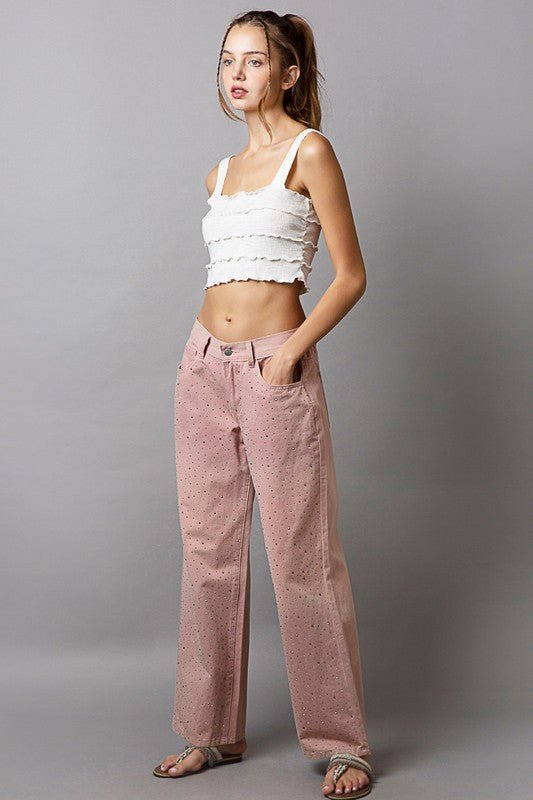 POL - Dusty Pink Rhinestone Embellished Wide Leg Pants