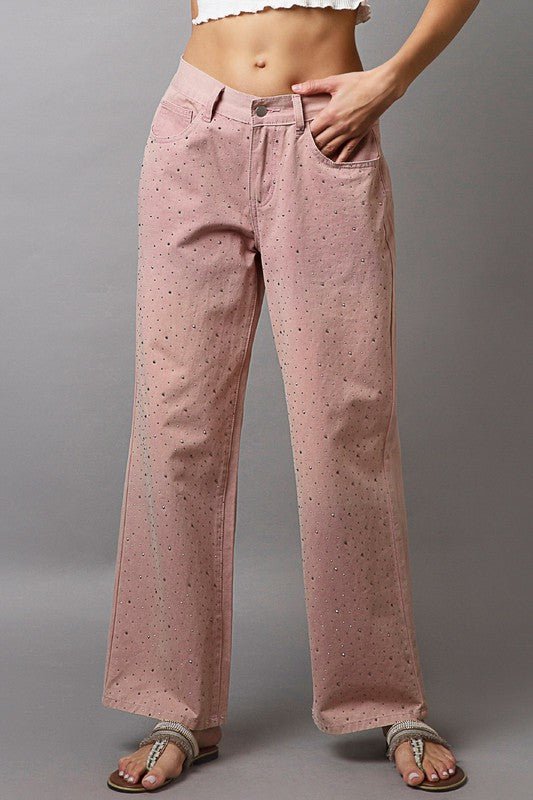 POL - Dusty Pink Rhinestone Embellished Wide Leg Pants