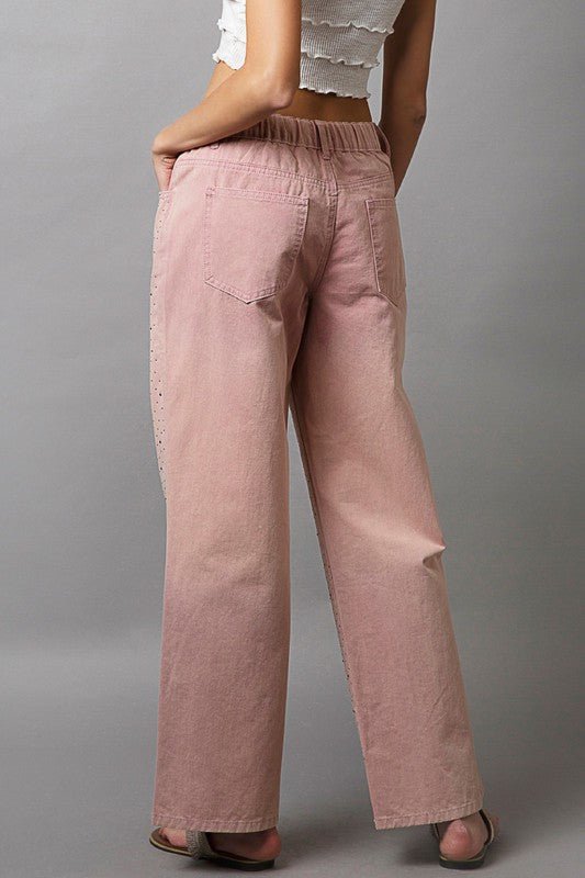 POL - Dusty Pink Rhinestone Embellished Wide Leg Pants