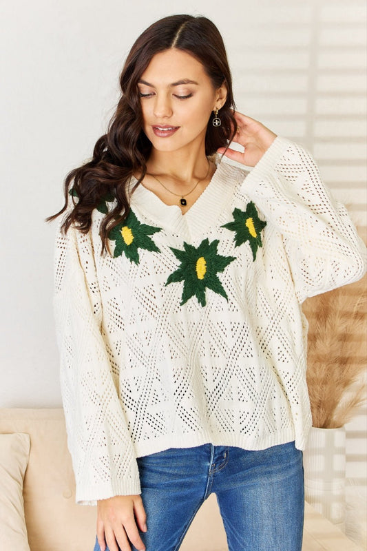 POL - Embroidered Floral Pattern V - Neck Sweater in Cream