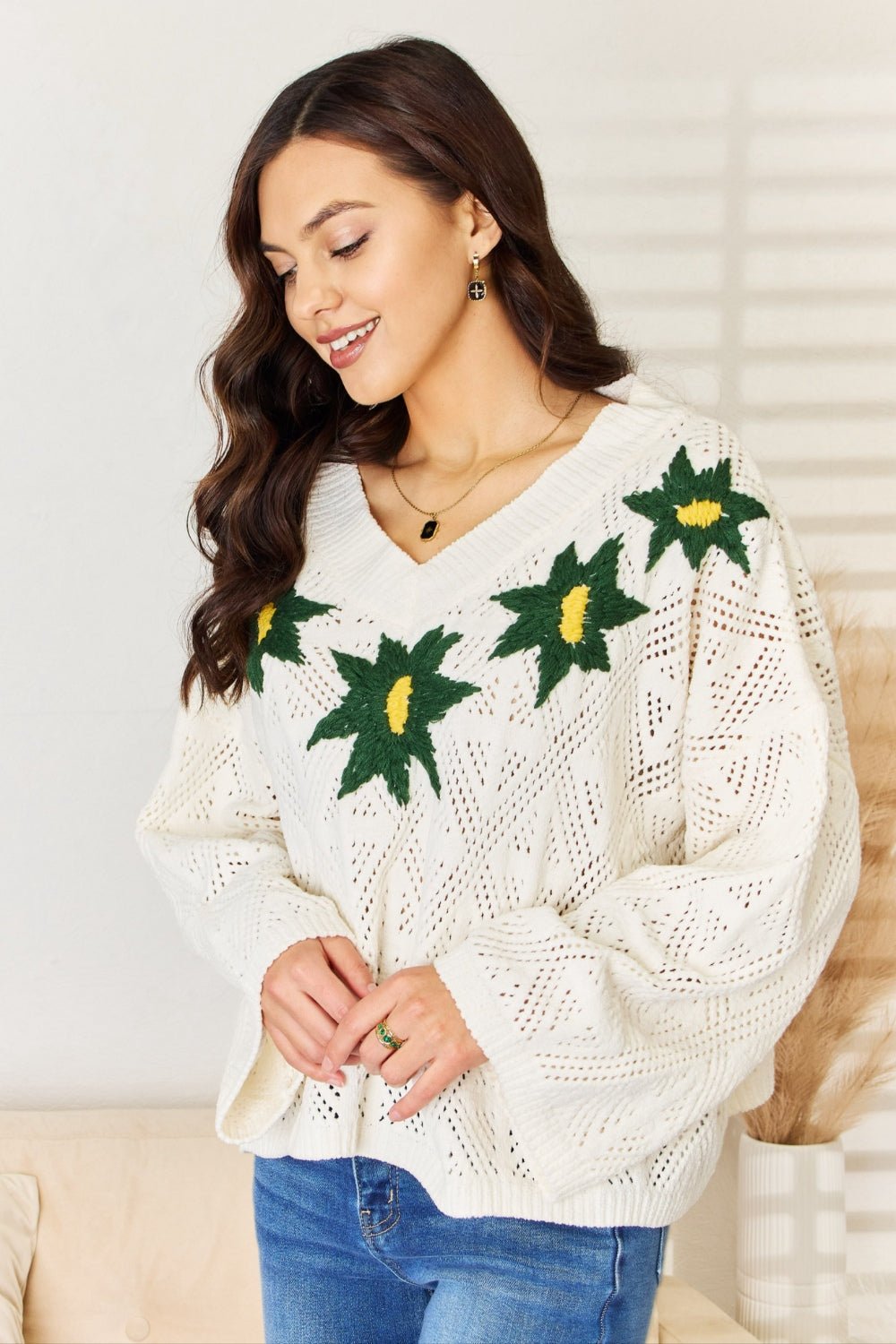 POL - Embroidered Floral Pattern V - Neck Sweater in Cream