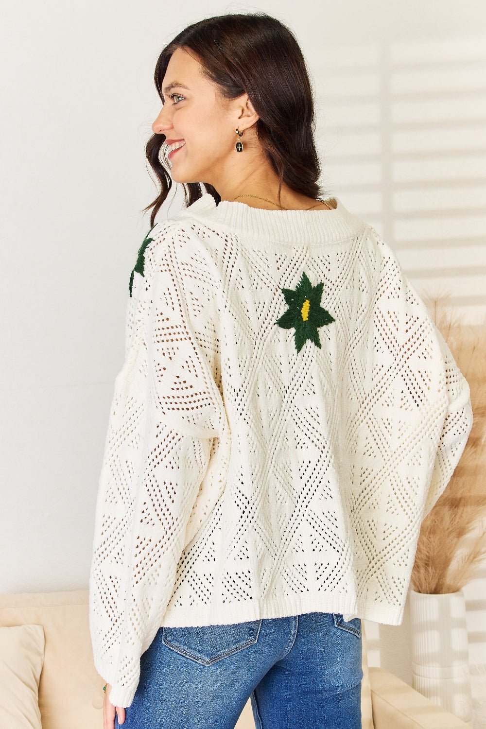 POL - Embroidered Floral Pattern V - Neck Sweater in Cream