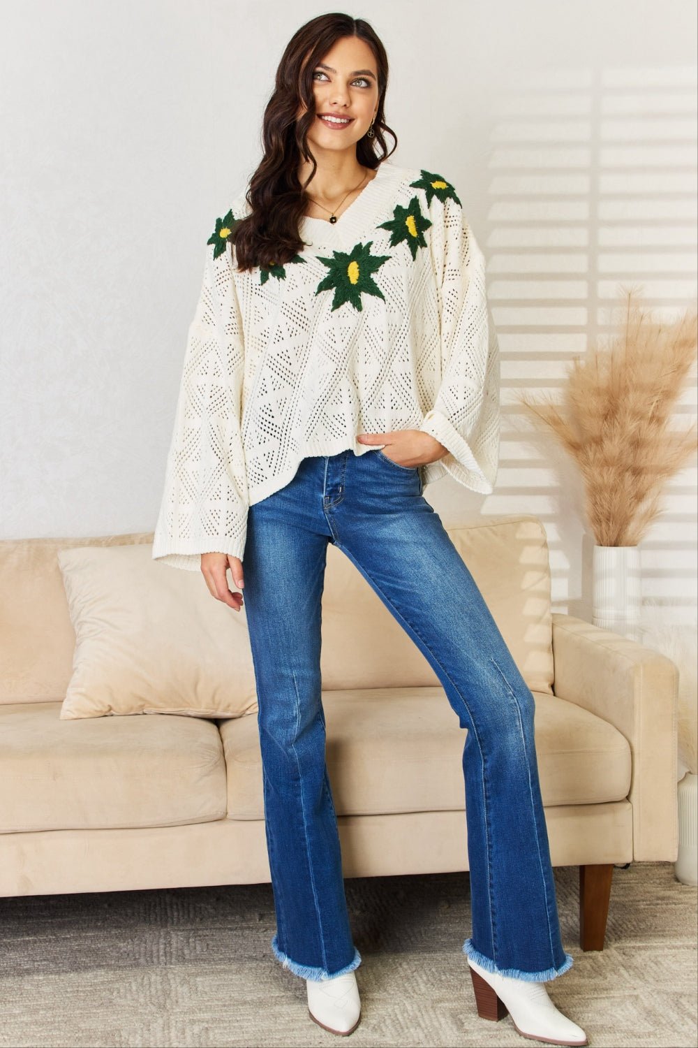 POL - Embroidered Floral Pattern V - Neck Sweater in Cream