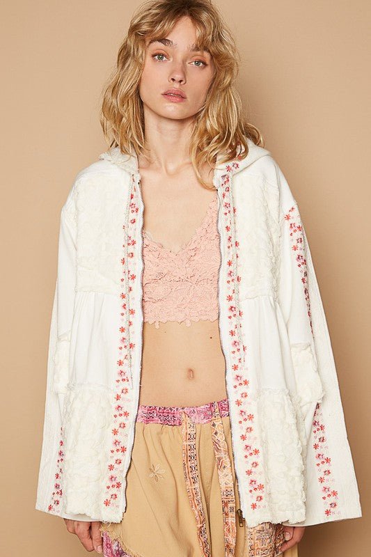 POL - Embroidered Hooded Lace Jacket in Ivory