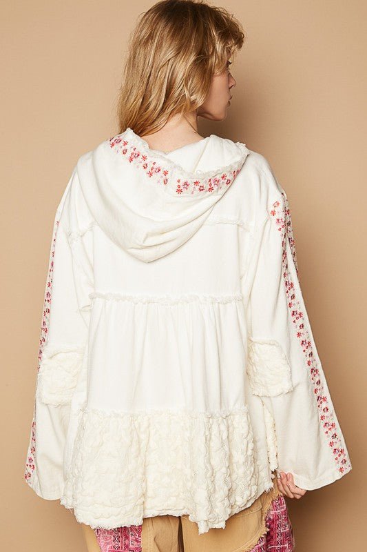 POL - Embroidered Hooded Lace Jacket in Ivory