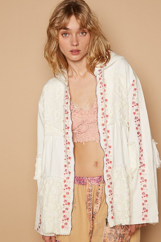 POL - Embroidered Hooded Lace Jacket in Ivory