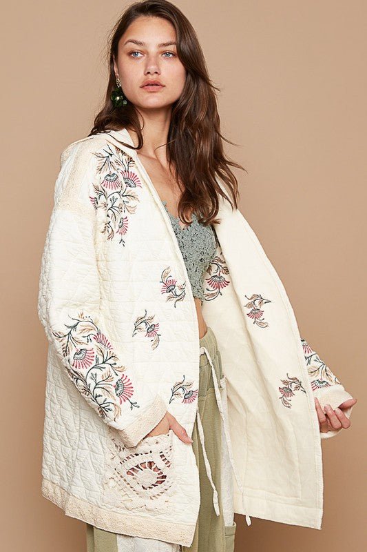 POL - Embroidered Open Front Quilted Jacket in Cream