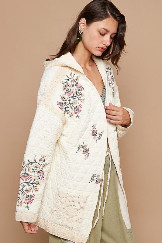 POL - Embroidered Open Front Quilted Jacket in Cream