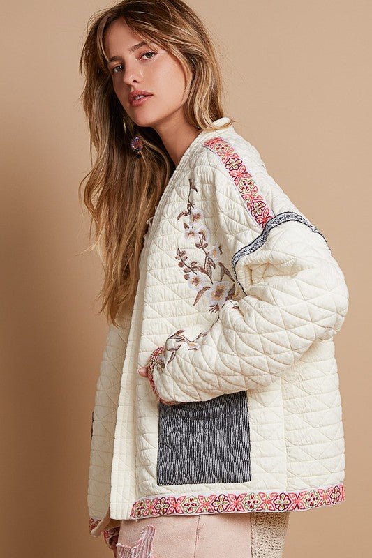 POL - Embroidered Open Front Quilted Jacket in Cream