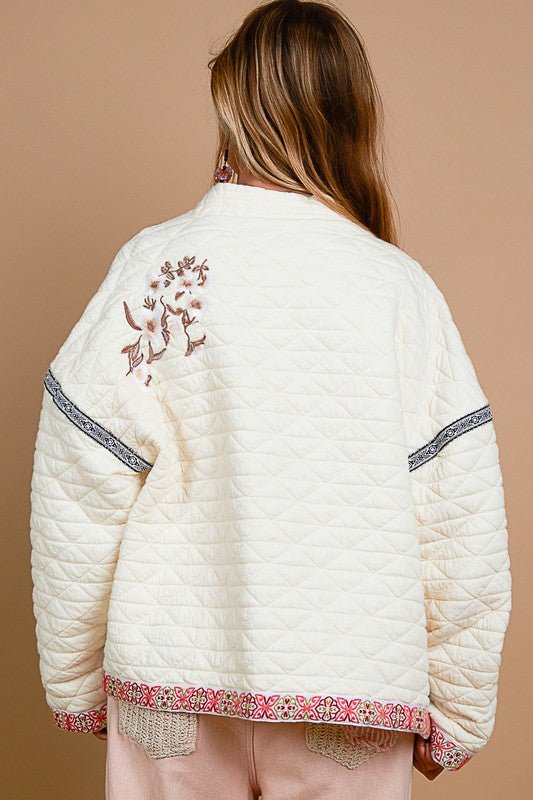 POL - Embroidered Open Front Quilted Jacket in Cream