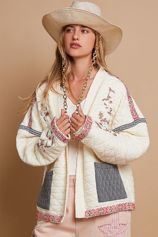 POL - Embroidered Open Front Quilted Jacket in Cream