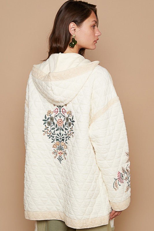 POL - Embroidered Open Front Quilted Jacket in Cream