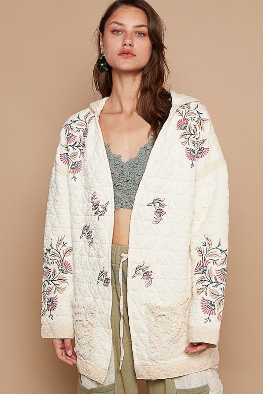 POL - Embroidered Open Front Quilted Jacket in Cream