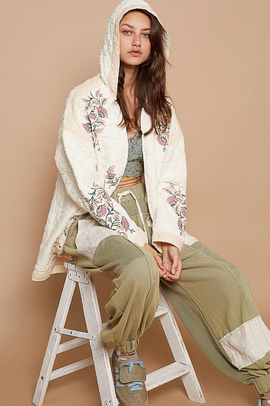 POL - Embroidered Open Front Quilted Jacket in Cream