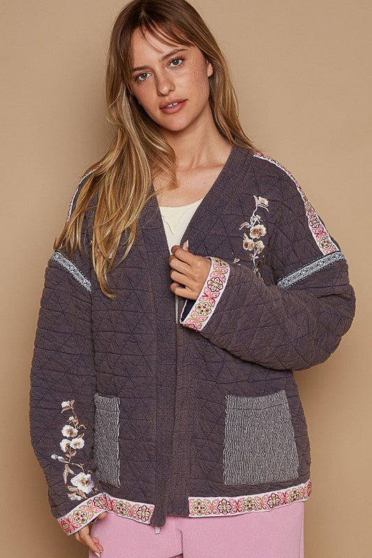 POL - Embroidered Open Front Quilted Jacket in Mauve