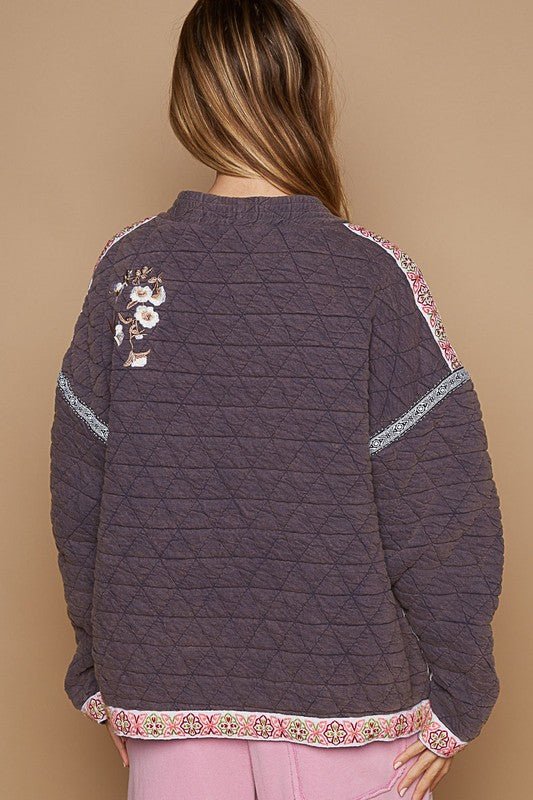 POL - Embroidered Open Front Quilted Jacket in Mauve