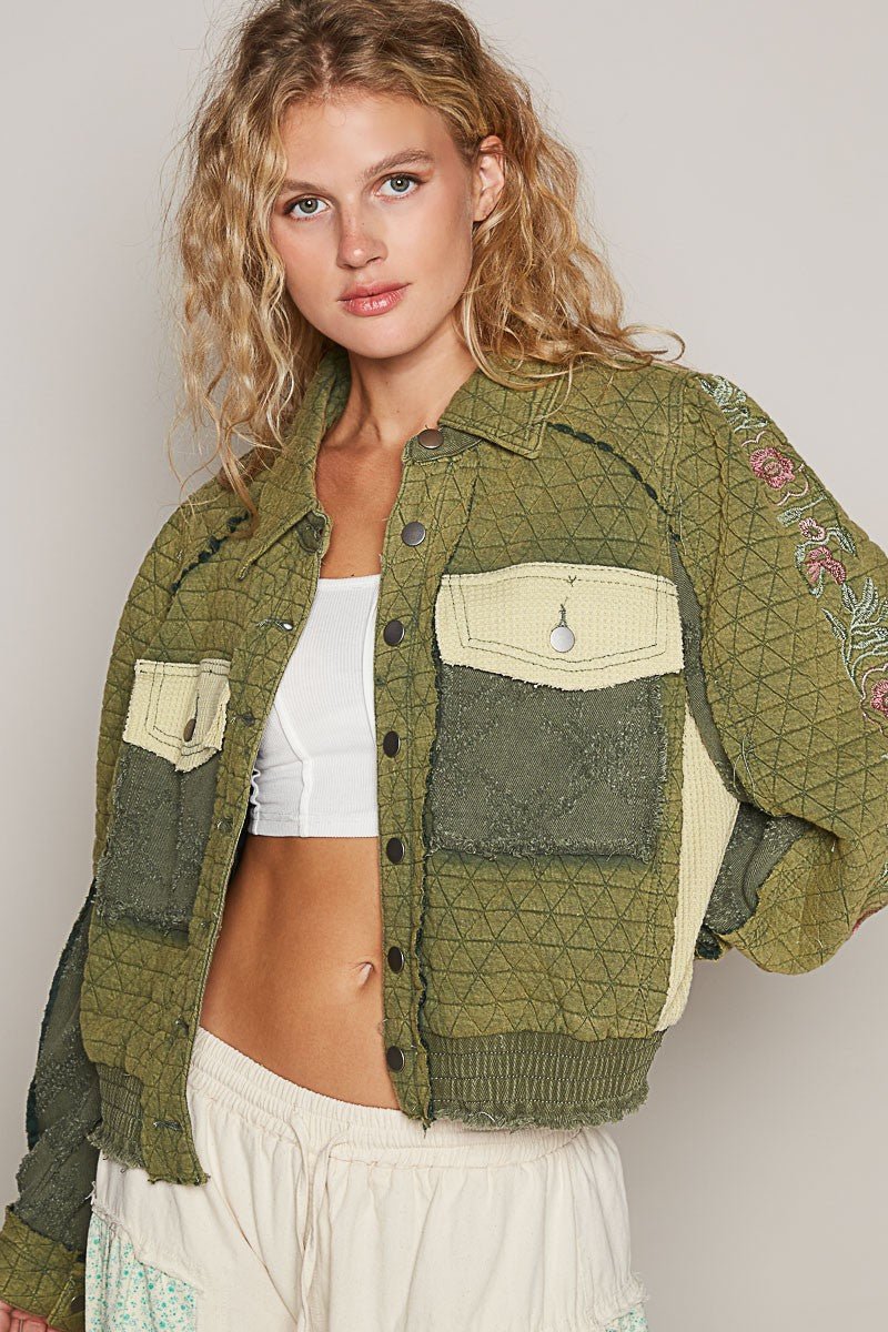 POL - Embroidered Sleeve Quilted Jacket in Basil