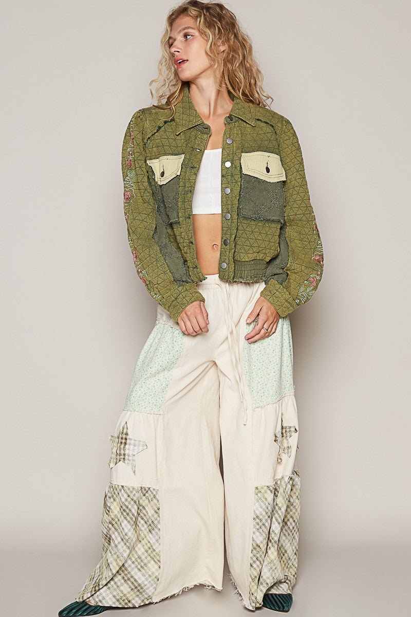 POL - Embroidered Sleeve Quilted Jacket in Basil