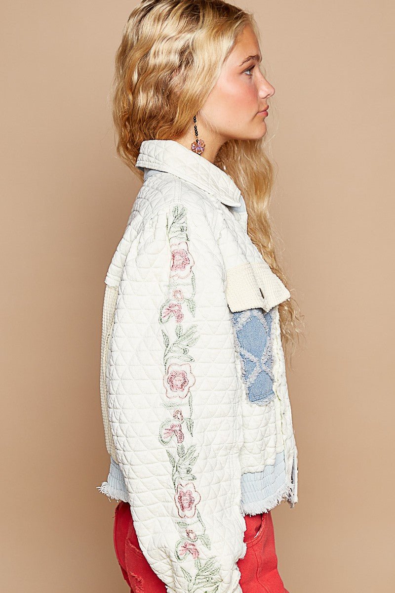 POL - Embroidered Sleeve Quilted Jacket in Ivory