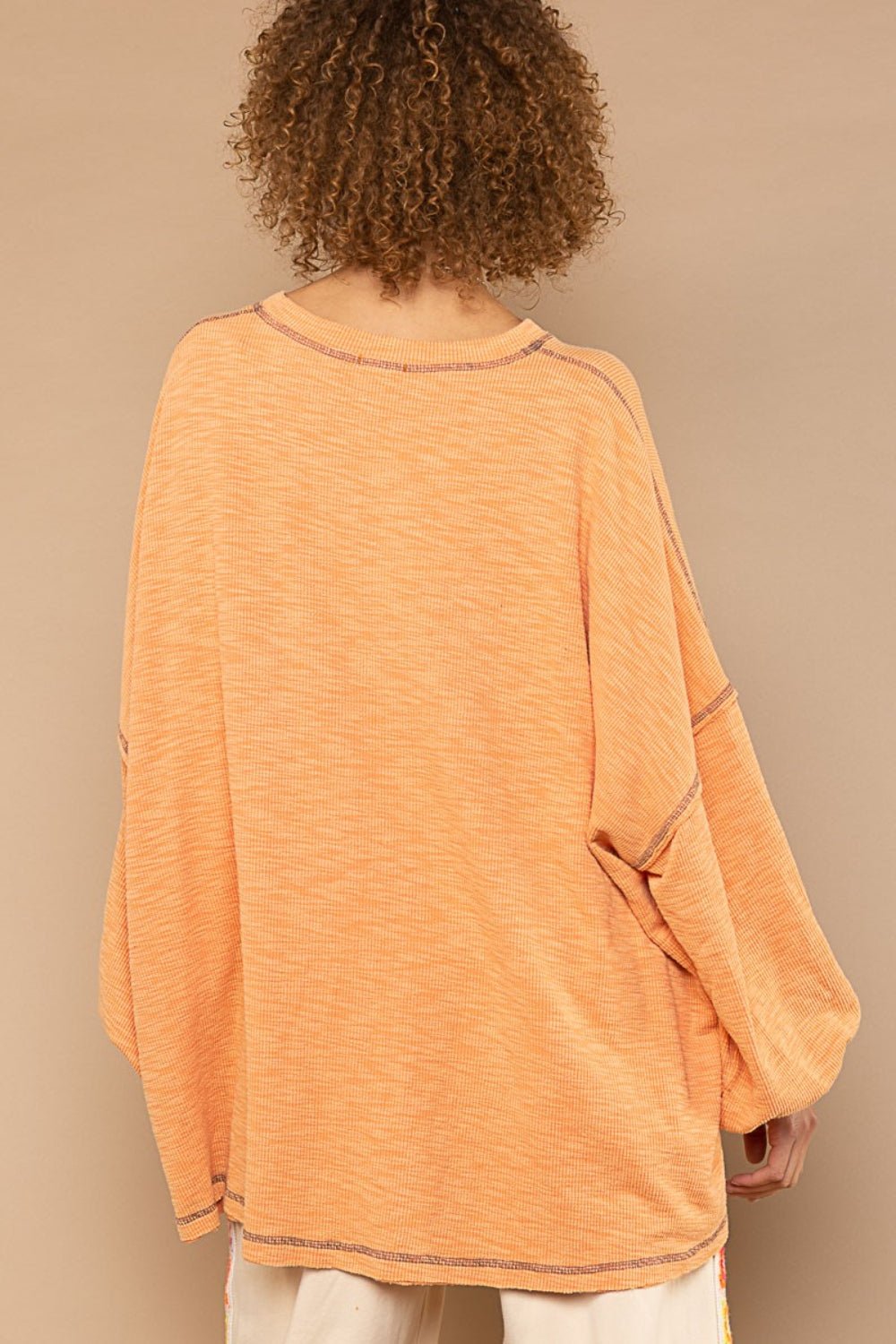 POL - Exposed Seams Long Sleeve Top in Coral Orange