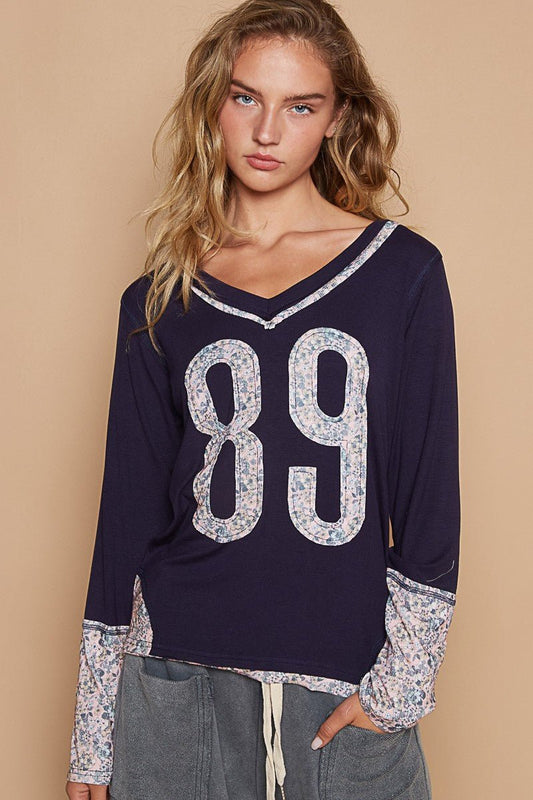 POL - Floral 89 Patch Long Sleeve T-Shirt in Indigo