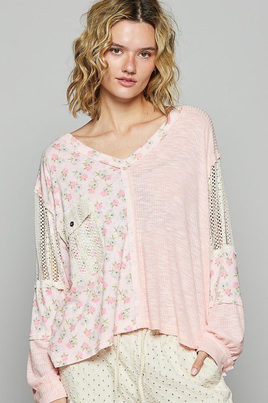 POL - Floral Crocheted Patchwork Top in Powder Peach