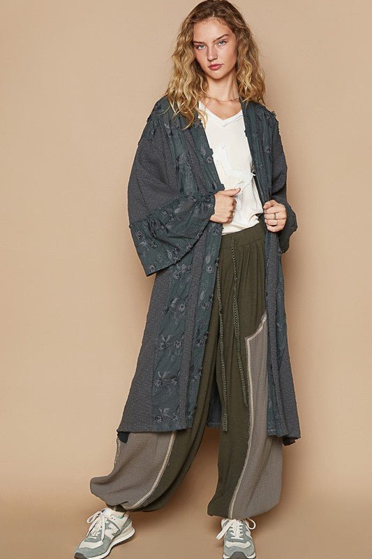 POL - Floral Lace Trim Open Front Longline Cardigan in Charcoal