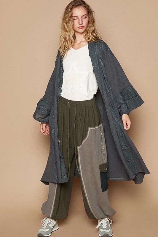 POL - Floral Lace Trim Open Front Longline Cardigan in Charcoal