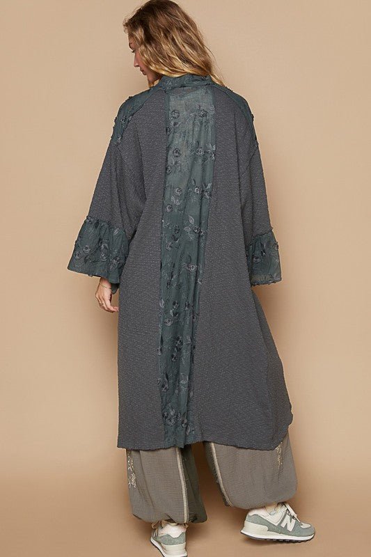 POL - Floral Lace Trim Open Front Longline Cardigan in Charcoal