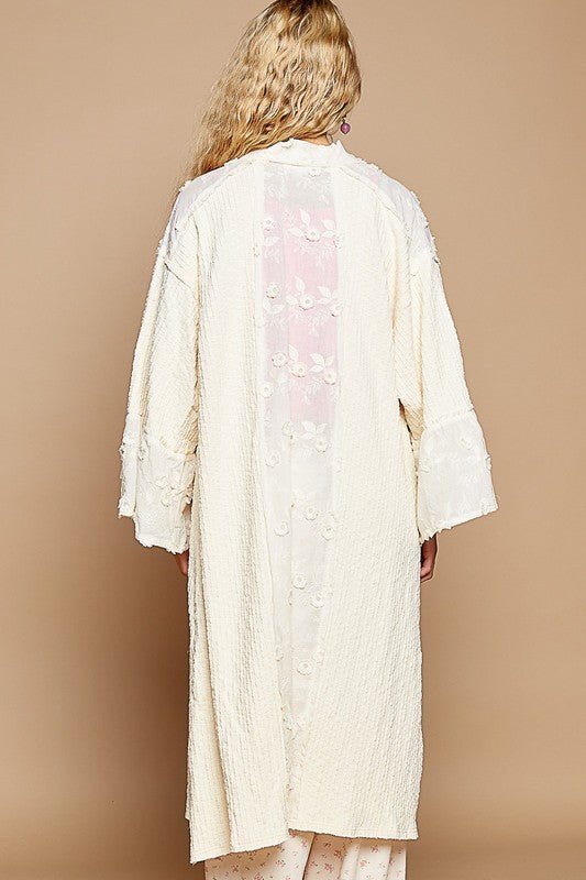 POL - Floral Lace Trim Open Front Longline Cardigan in Cream