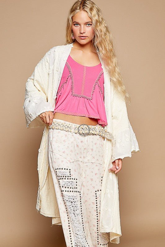 POL - Floral Lace Trim Open Front Longline Cardigan in Cream