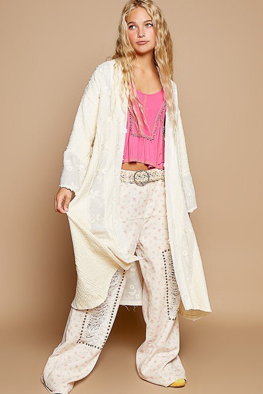 POL - Floral Lace Trim Open Front Longline Cardigan in Cream