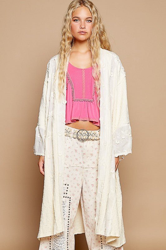 POL - Floral Lace Trim Open Front Longline Cardigan in Cream