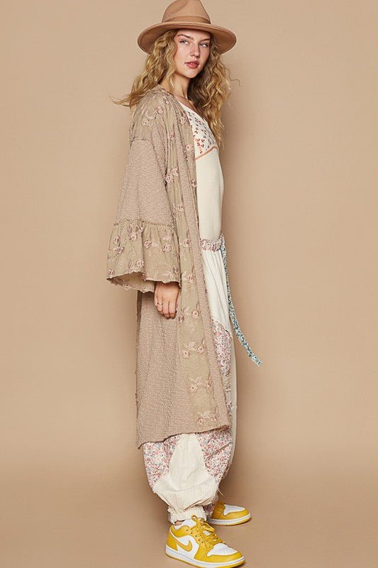 POL - Floral Lace Trim Open Front Longline Cardigan in Khaki