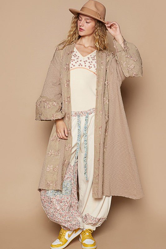 POL - Floral Lace Trim Open Front Longline Cardigan in Khaki