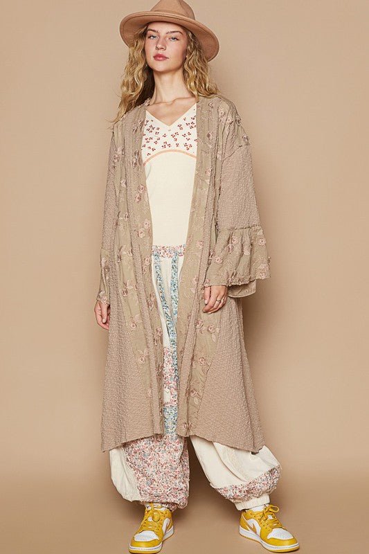 POL - Floral Lace Trim Open Front Longline Cardigan in Khaki