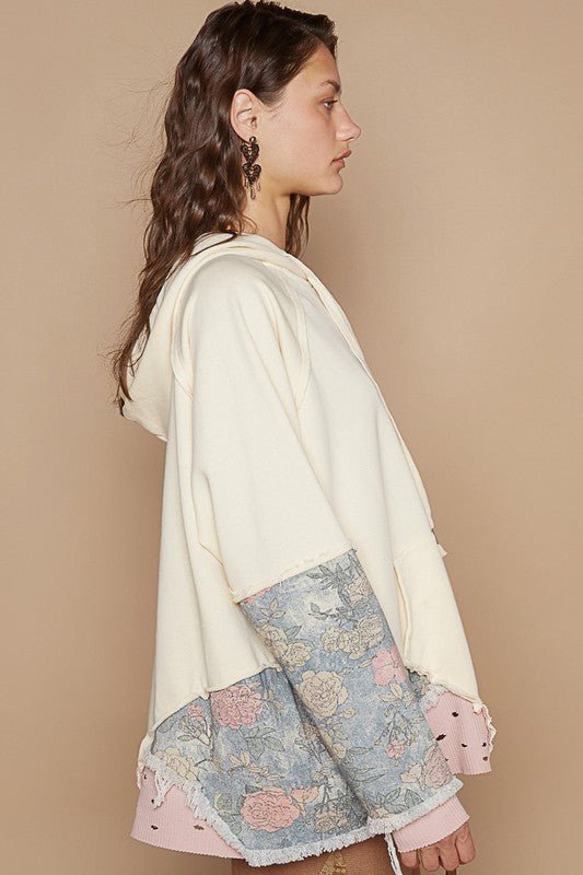 POL - Floral Patchwork Distressed Hoodie in Cream