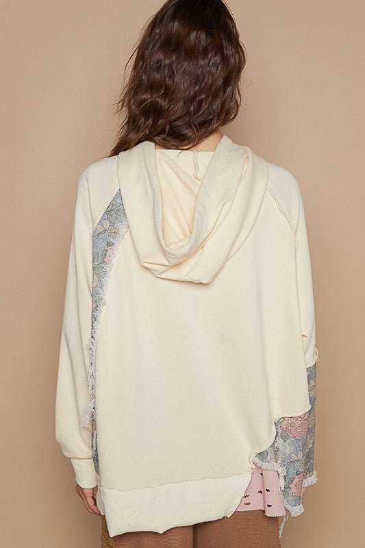 POL - Floral Patchwork Distressed Hoodie in Cream