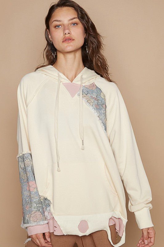 POL - Floral Patchwork Distressed Hoodie in Cream