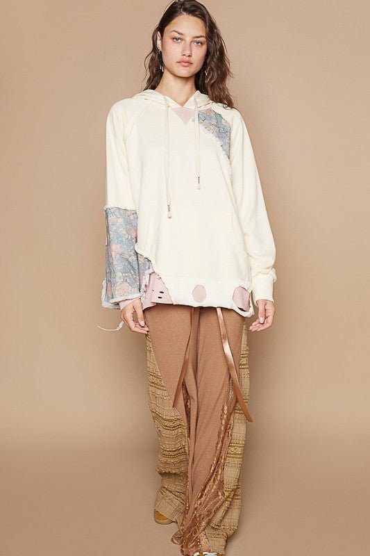 POL - Floral Patchwork Distressed Hoodie in Cream