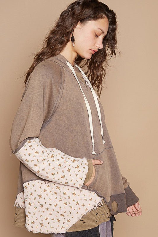 POL - Floral Patchwork Distressed Hoodie in Mocha